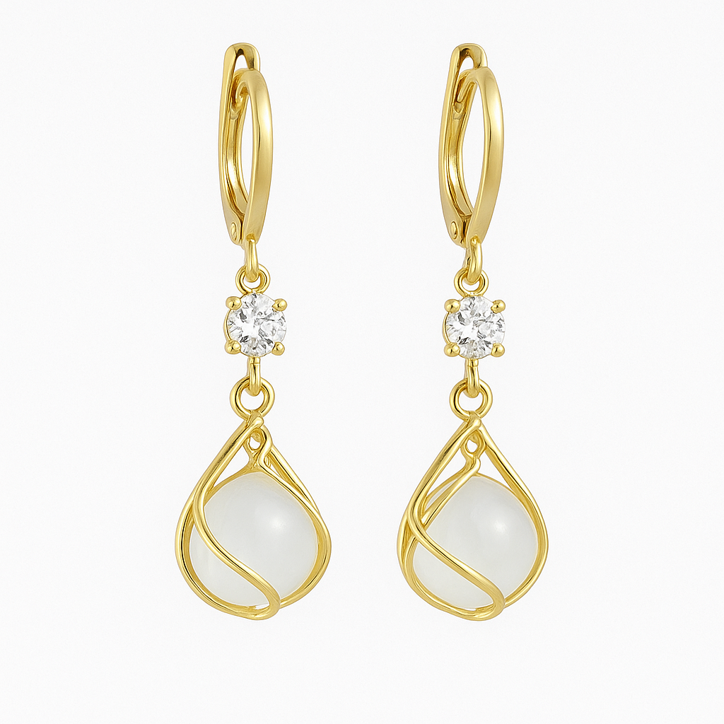 Hängende Ohrringe aus Gold mit Weißer Opal