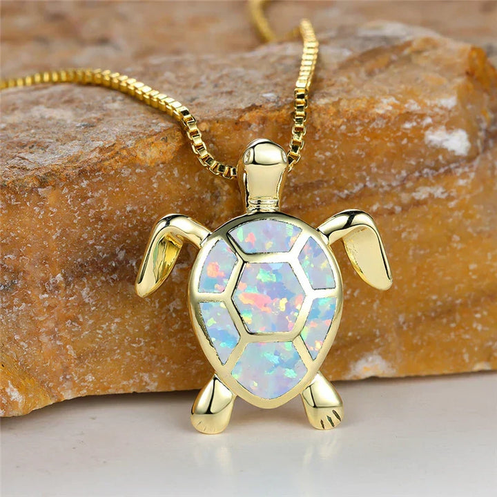 Vintage Collier Pendentif Schildkröte aus Grüner Feueropal