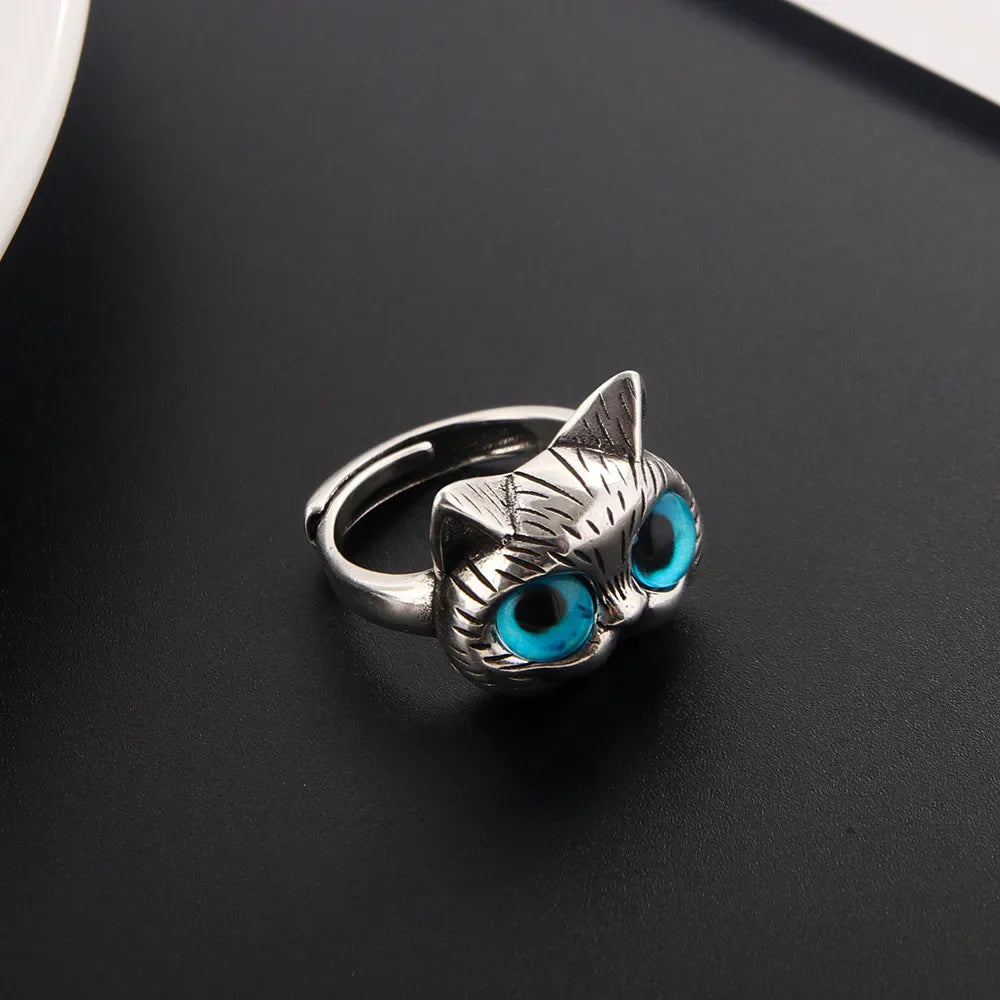 Ring mit Katze und blauen Augen – Verspielt vintage Silberring mit Tier für Katzenliebhaber