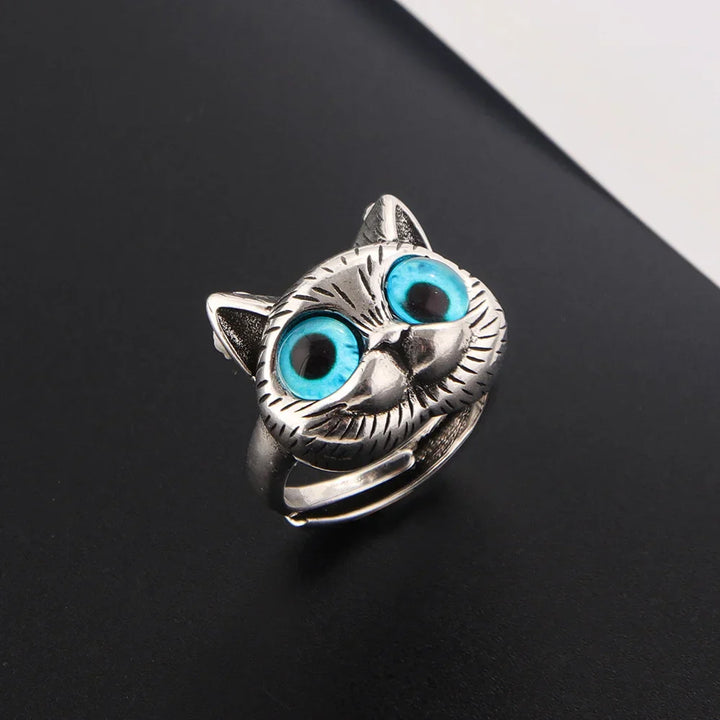 Ring mit Katze und blauen Augen – Verspielt vintage Silberring mit Tier für Katzenliebhaber