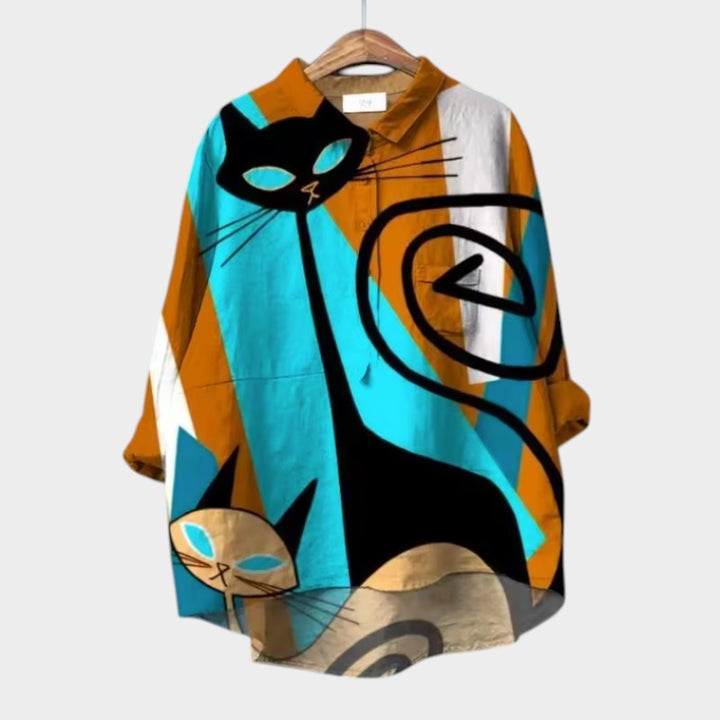 Liliana™ | Zeitlose Leinenbluse mit bunten Katzen für Komfort