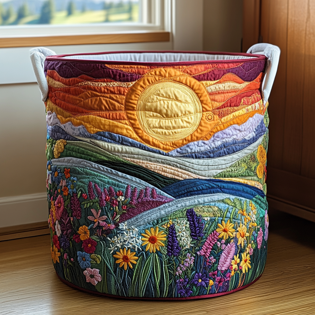 Monica – Quilt-Wäschekorb mit Wiesenszene