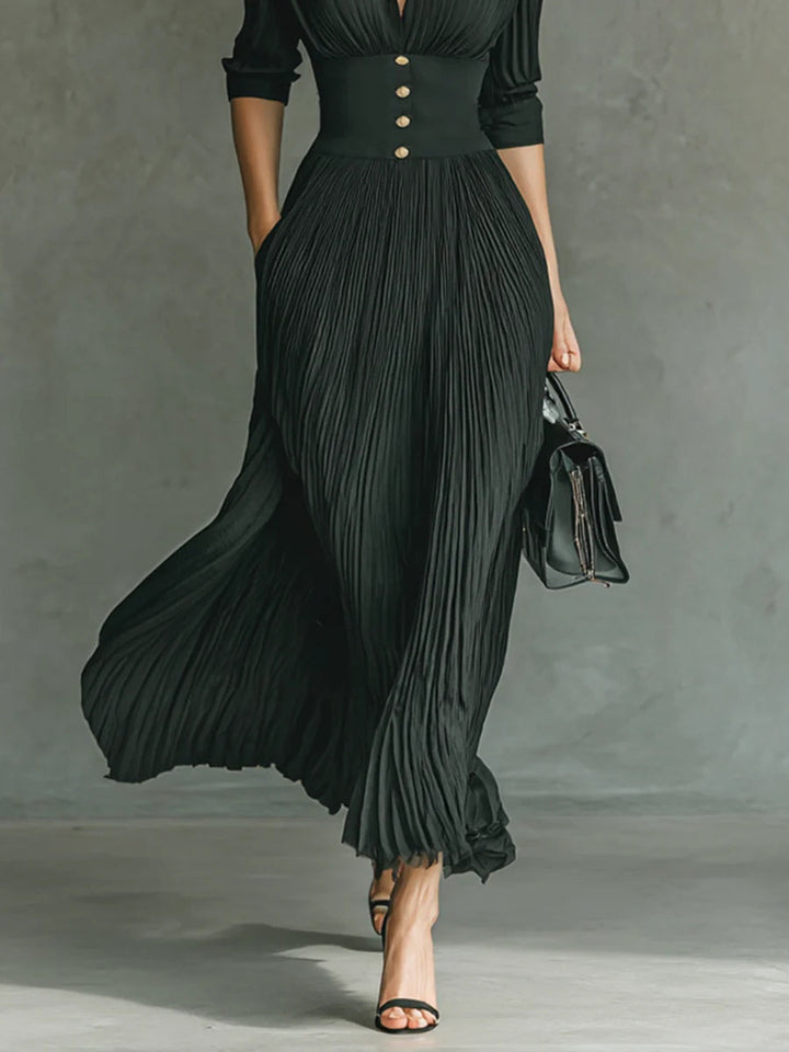 Elvire | Langes Plissee-Kleid mit Revers und Hoher Taille