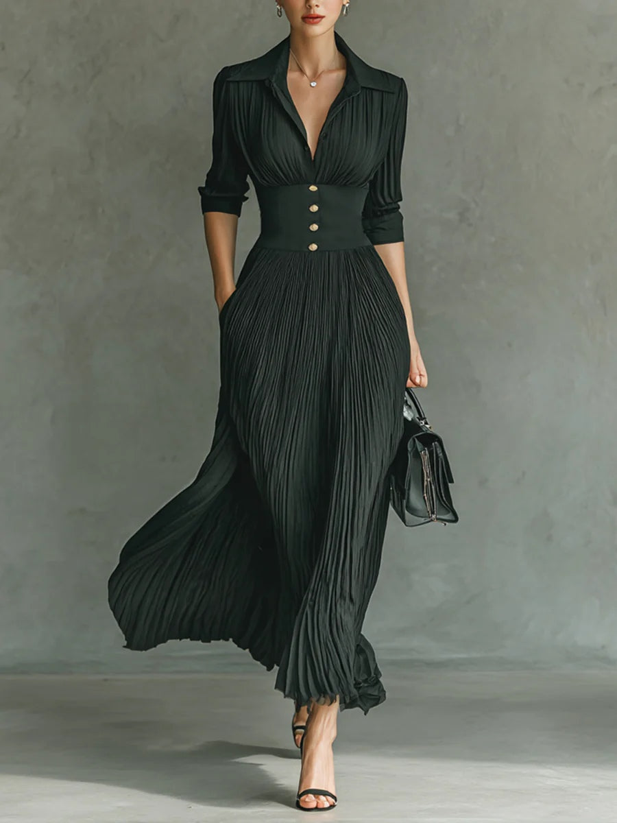 Elvire | Langes Plissee-Kleid mit Revers und Hoher Taille
