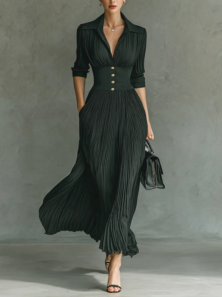 Elvire | Langes Plissee-Kleid mit Revers und Hoher Taille