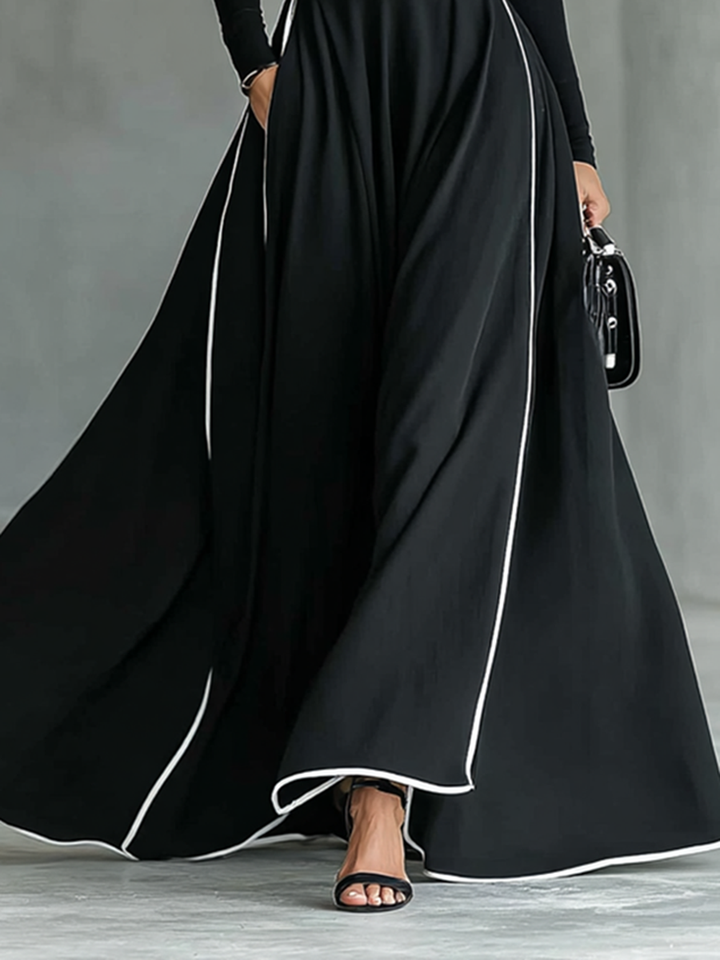 Gina – Maxikleid für Damen Schwarz mit Weißen Nähten und Hohem Kragen, Langen Ärmeln, Tailliert