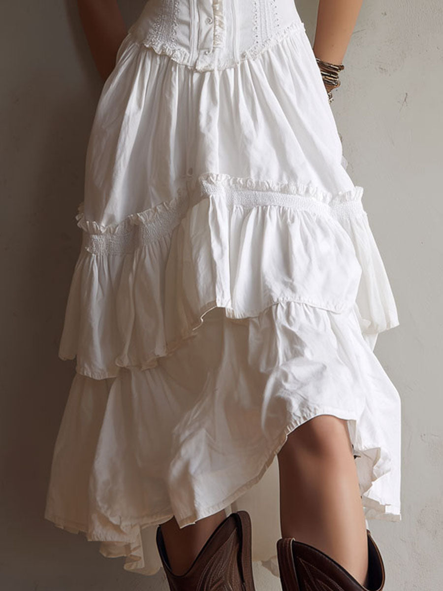 Retro Boho Korsett Midi Kleid mit Spitzenbesatz