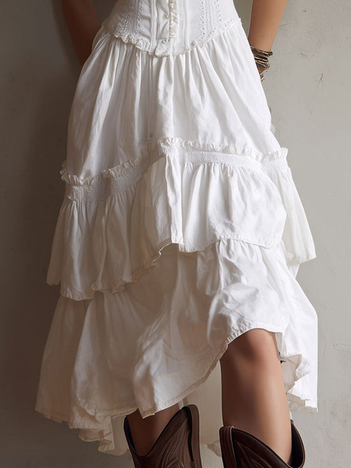 Retro Boho Korsett Midi Kleid mit Spitzenbesatz