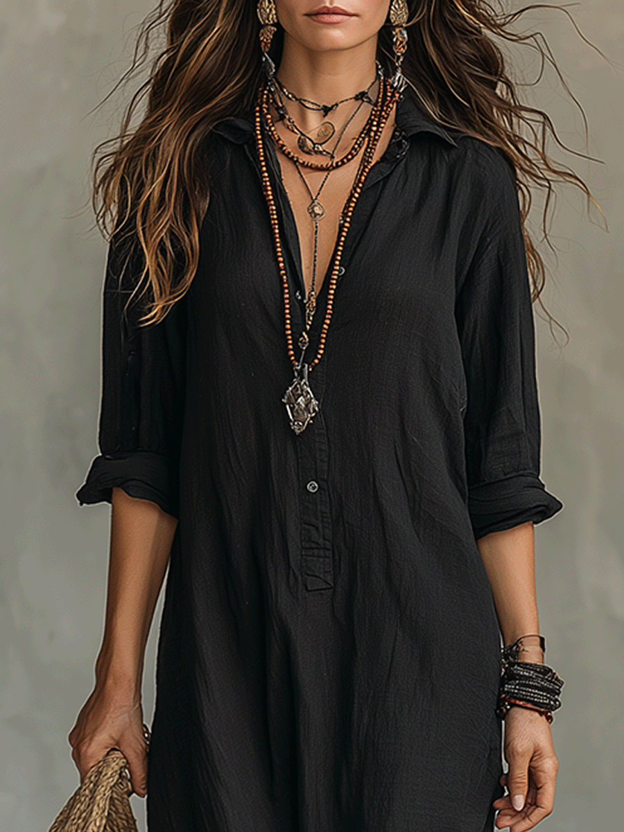 Schwarzes Knopf-Front Bohemian Hemd Maxi Kleid