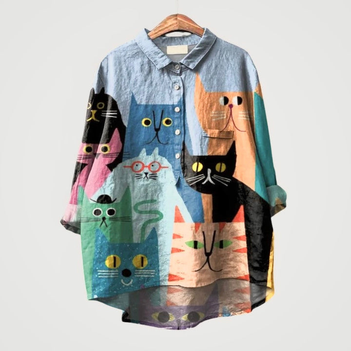Liliana™ | Zeitlose Leinenbluse mit bunten Katzen für Komfort