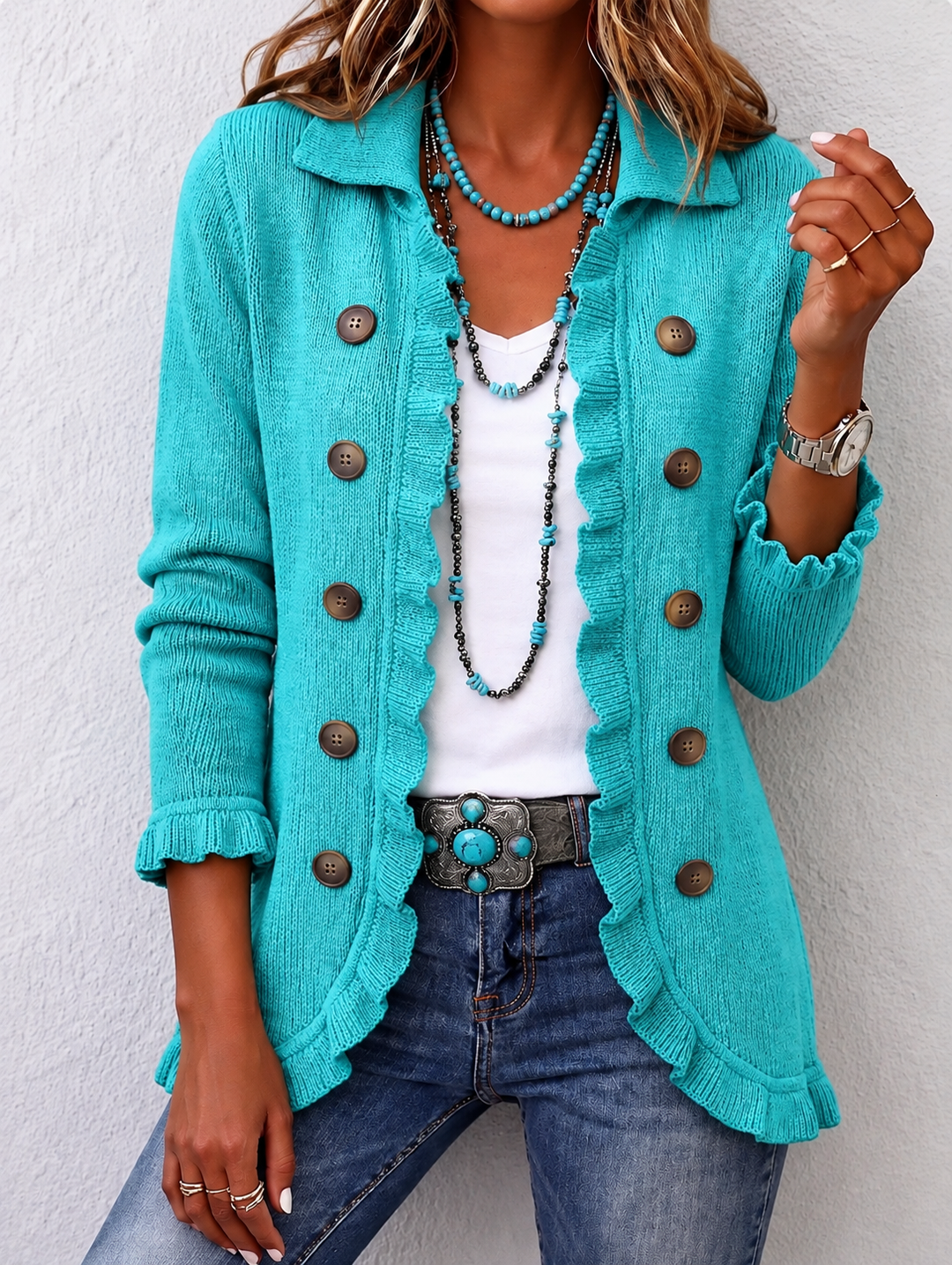Maribel | Türkise Strickjacke mit Volants