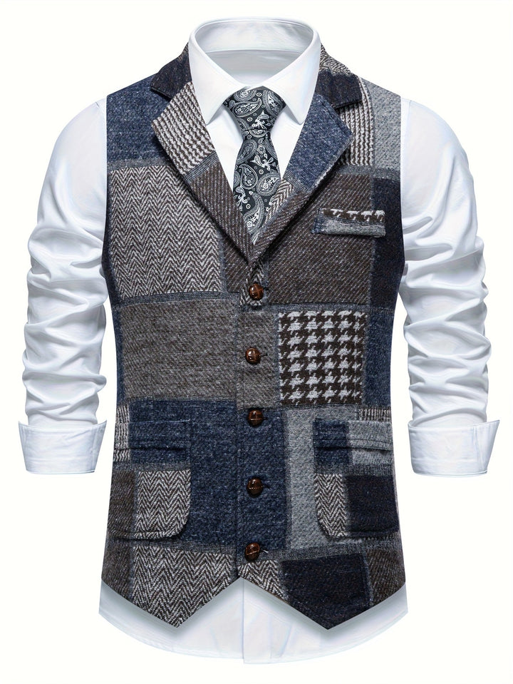 Leo | Patchwork Tweed-Weste mit Fischgrätmuster
