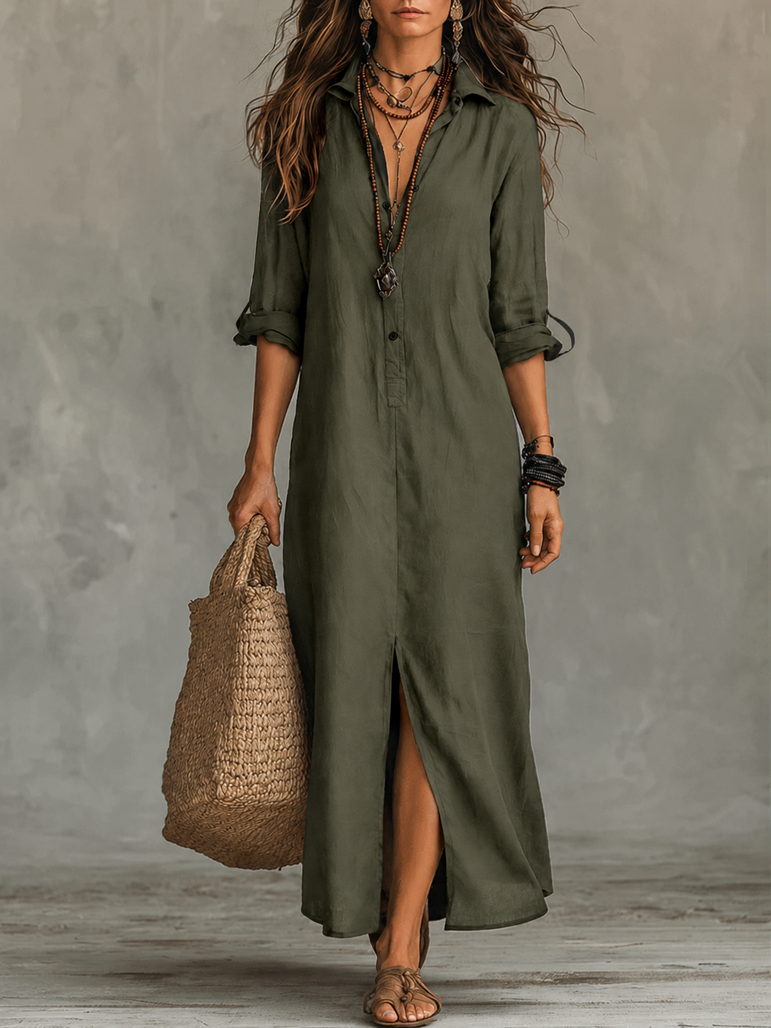 Schwarzes Knopf-Front Bohemian Hemd Maxi Kleid