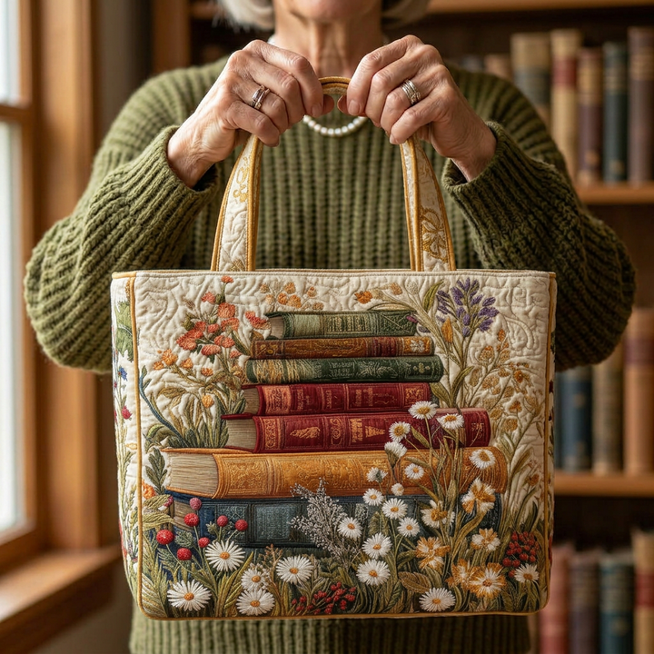 Eileen – Gepolsterte Tasche mit gesticktem Buchstapel-Muster