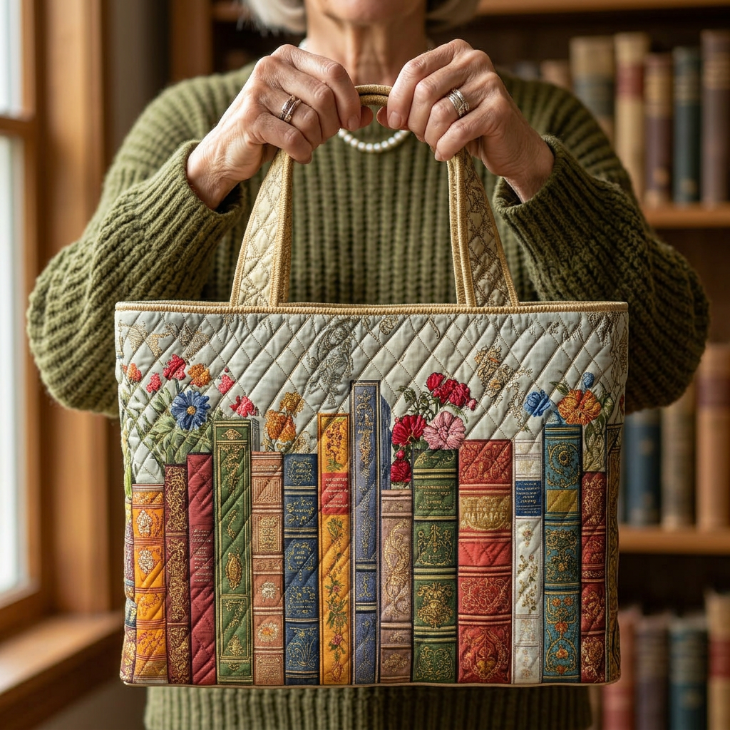 Selma – Gepolsterte Tragetasche mit Bibliotheksmotiv