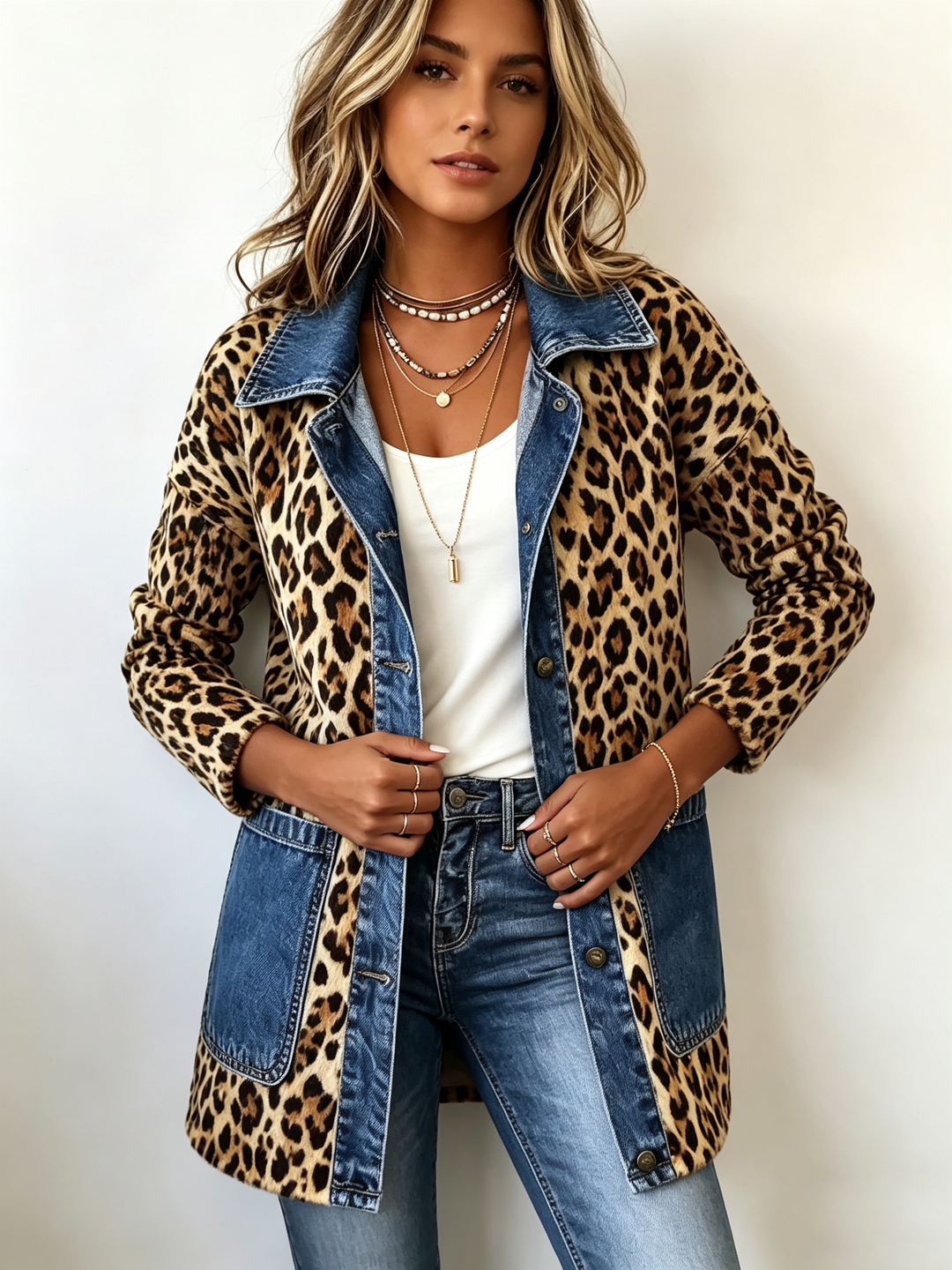 Lorena | Lange Leopardenjacke mit Jeansstoff