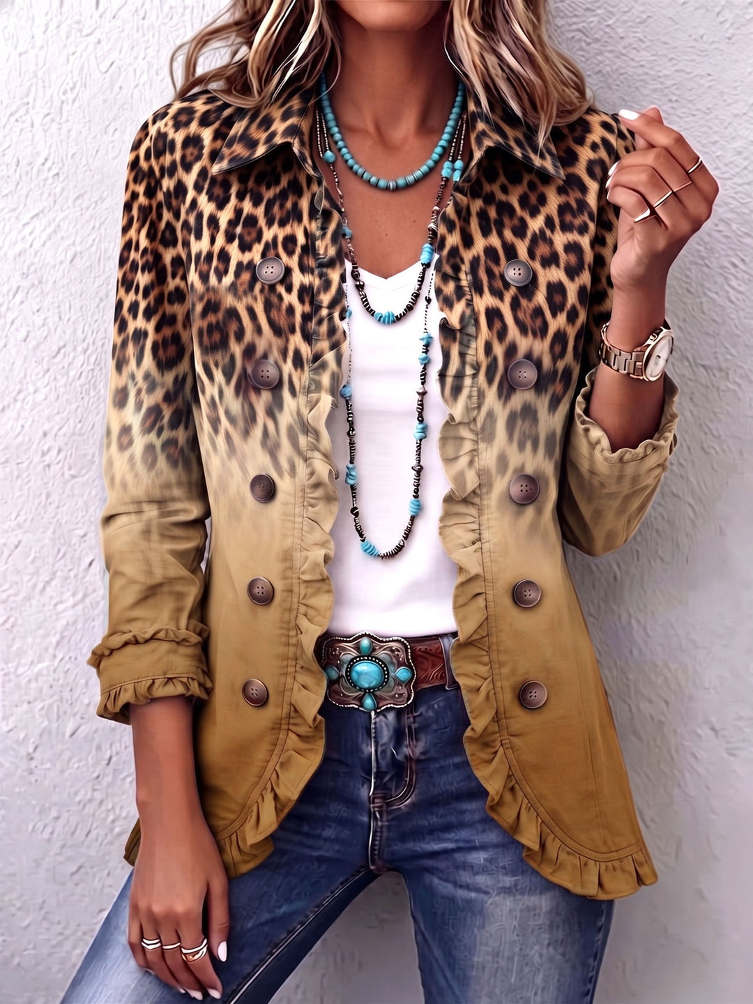 Reyes | Blazerjacke mit Leopardenmuster in Ocker mit Volants
