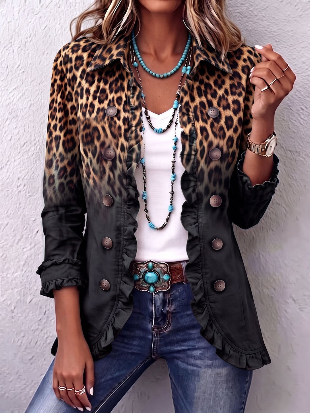 Sabina | Schwarze Leoparden-Blazerjacke mit Volants
