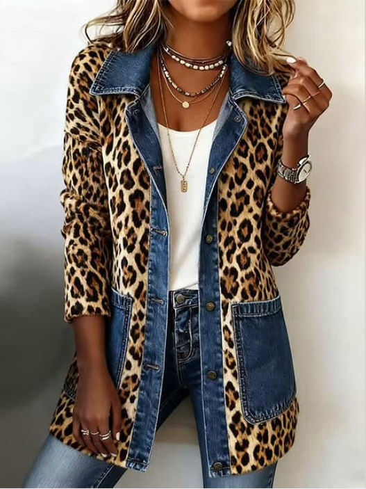 Lorena | Lange Leopardenjacke mit Jeansstoff