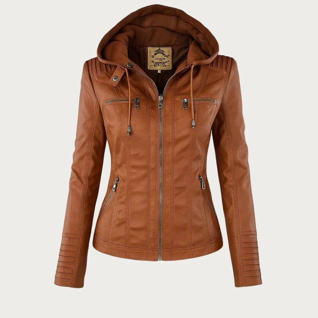 Catherina | Damen Kapuzen-Multitaschen-Genähte Schulter-Lederjacke