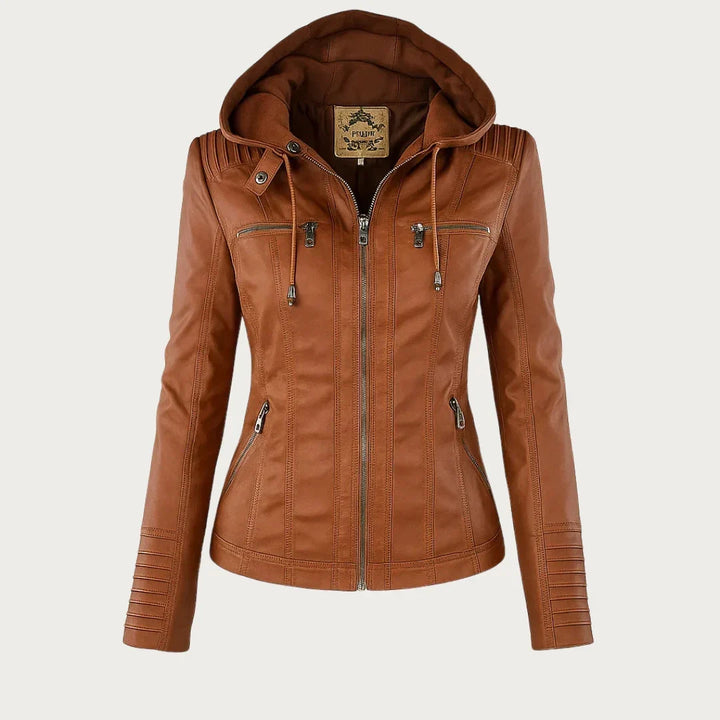 Catherina | Damen Kapuzen-Multitaschen-Genähte Schulter-Lederjacke
