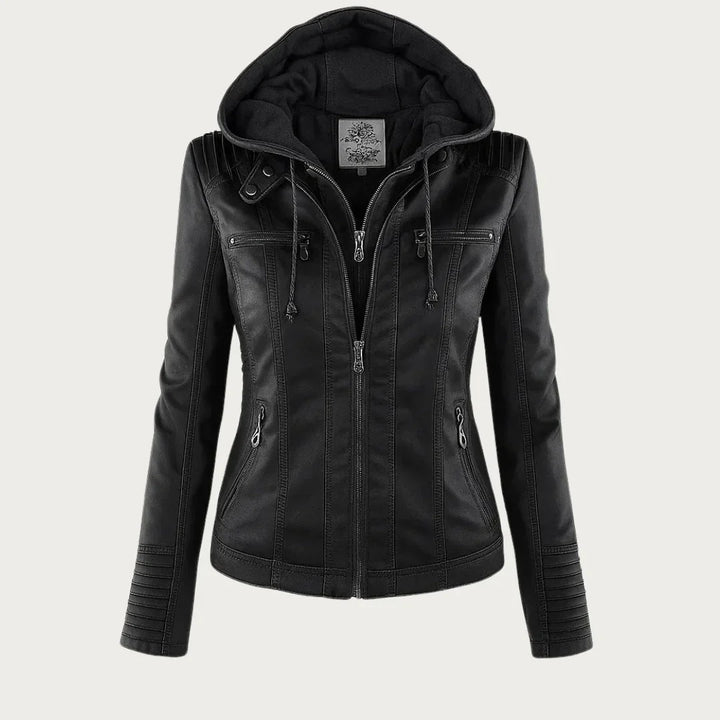 Catherina | Damen Kapuzen-Multitaschen-Genähte Schulter-Lederjacke