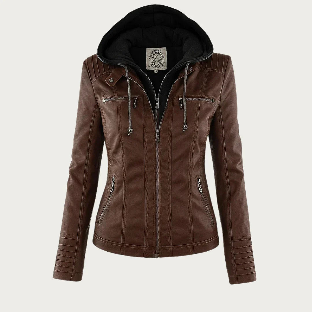 Catherina | Damen Kapuzen-Multitaschen-Genähte Schulter-Lederjacke