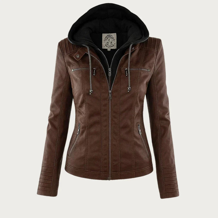 Catherina | Damen Kapuzen-Multitaschen-Genähte Schulter-Lederjacke