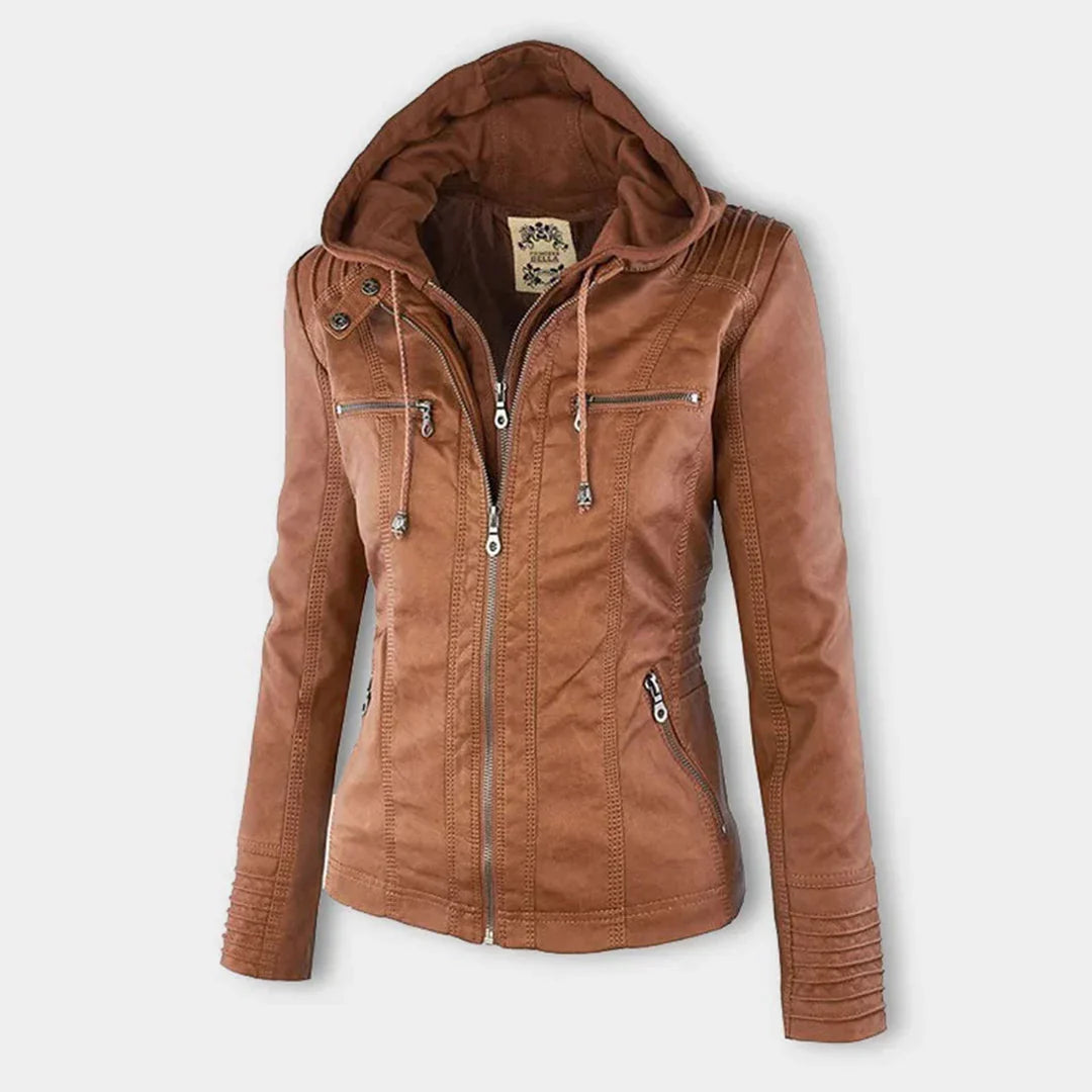 Catherina | Damen Kapuzen-Multitaschen-Genähte Schulter-Lederjacke