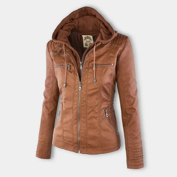 Catherina | Damen Kapuzen-Multitaschen-Genähte Schulter-Lederjacke