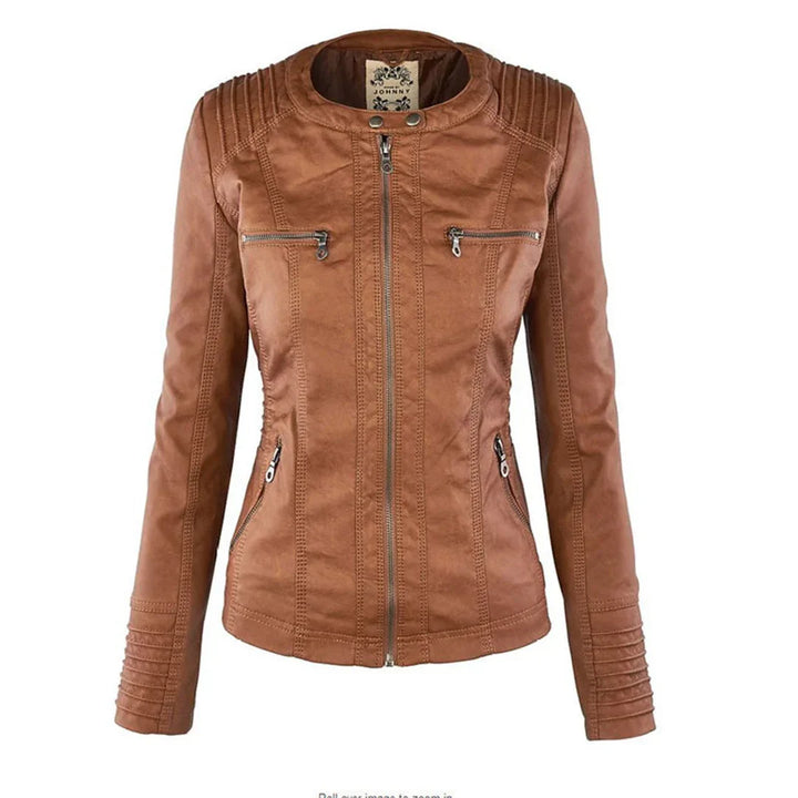 Catherina | Damen Kapuzen-Multitaschen-Genähte Schulter-Lederjacke