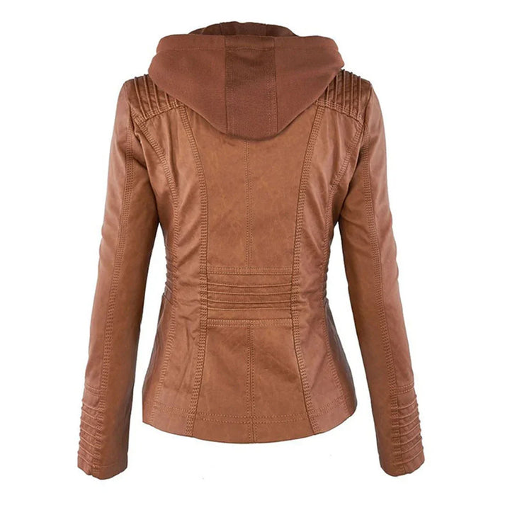 Catherina | Damen Kapuzen-Multitaschen-Genähte Schulter-Lederjacke