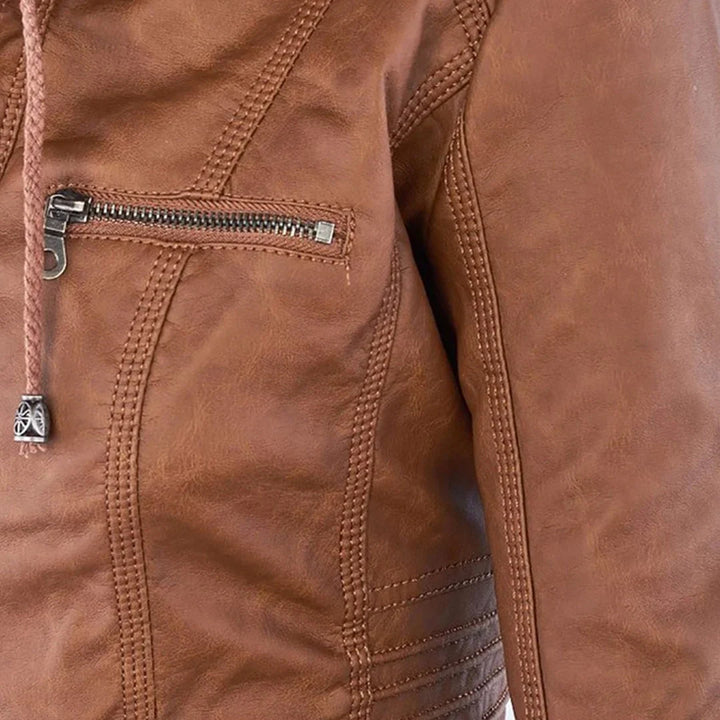 Catherina | Damen Kapuzen-Multitaschen-Genähte Schulter-Lederjacke
