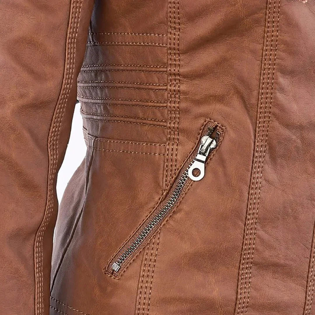 Catherina | Damen Kapuzen-Multitaschen-Genähte Schulter-Lederjacke