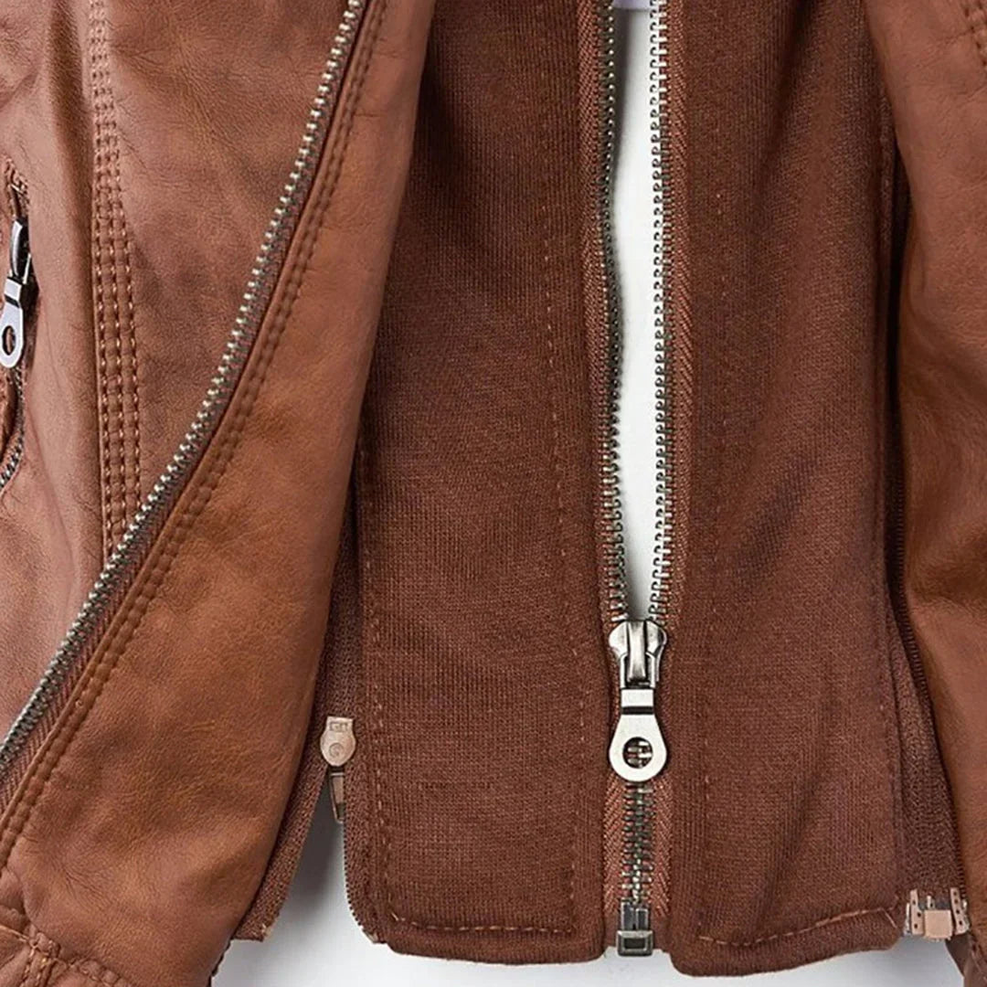 Catherina | Damen Kapuzen-Multitaschen-Genähte Schulter-Lederjacke